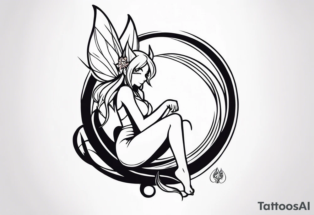 No background and no color sketch of a fairy with a tail inspired by the guild symbol in the anime show called Fairy Tail in a fetal position leaning in and forward while crawled in tattoo idea