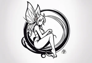No background and no color sketch of a fairy with a tail inspired by the guild symbol in the anime show called Fairy Tail in a fetal position leaning in and forward while crawled in tattoo idea