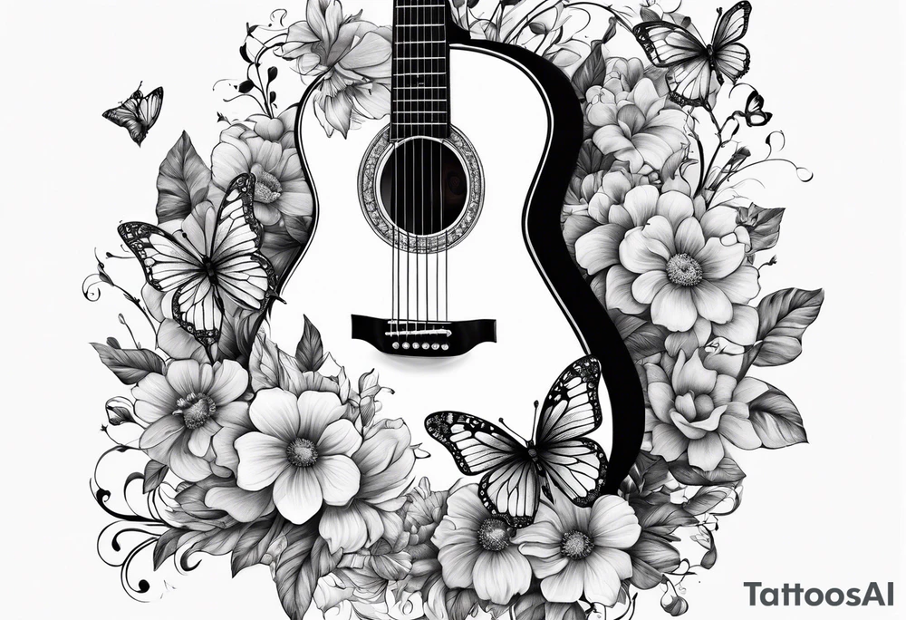 Guitar with flowers growing off the side, butterflies, small tattoo idea