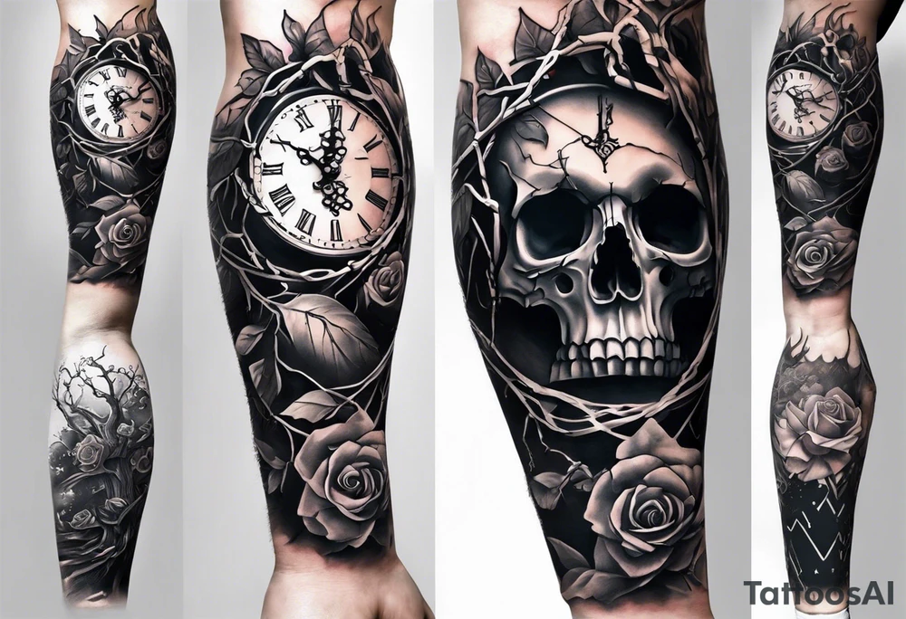 tattoo fool sleeve, tree roots break out of the chains at the bottom of the hand, broken mask, Clock with flying numbers, girl, skull, roses, less shadows tattoo idea