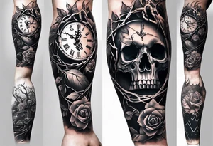 tattoo fool sleeve, tree roots break out of the chains at the bottom of the hand, broken mask, Clock with flying numbers, girl, skull, roses, less shadows tattoo idea