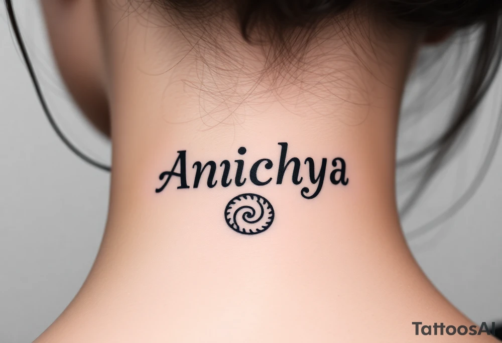Create a tattoo that writes the Hindi word "Anichya" with A circle or spiral, which represents the cyclical nature of life and death tattoo idea