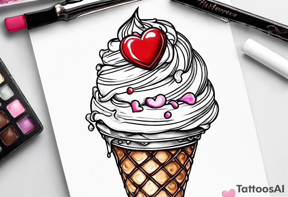 sketch chocolate chip ice cream cone with one red heart tattoo idea