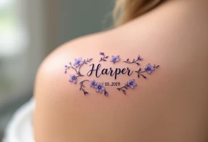 Hana 10. 02. 2019) – Soft violet and lilac flowers winding around Harper's birthdate, with subtle silver details. tattoo idea