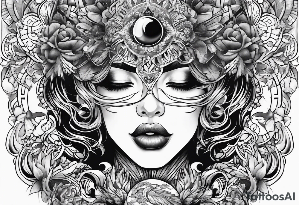 Woman , hands over head , holding orb of life tattoo idea