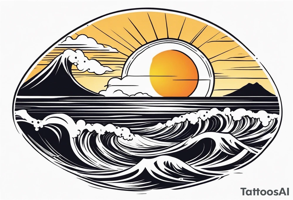 Hawaian beach with a big sun and many waves tattoo idea