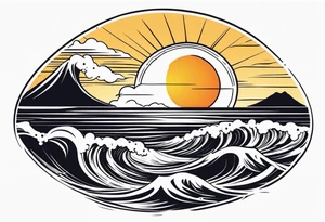 Hawaian beach with a big sun and many waves tattoo idea