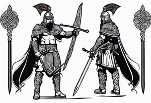 Full body side profile of Celtic warrior with weapons drawn tattoo idea