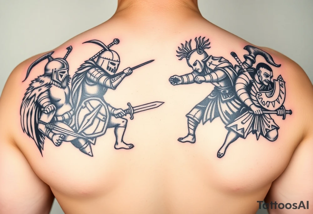 For a full back tattoo create the following battle seen- Viking vs Angus Kahn vs English knight vs Roman gladiator vs Japanese samurai. Note cation fighting and weapons against each other tattoo idea