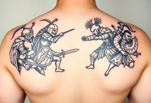 For a full back tattoo create the following battle seen- Viking vs Angus Kahn vs English knight vs Roman gladiator vs Japanese samurai. Note cation fighting and weapons against each other tattoo idea