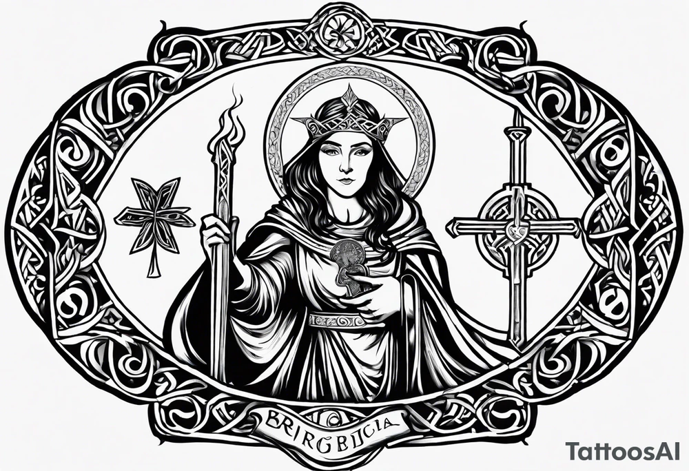 A full back piece themed on the surname mcbride and the irish saint brigid. It should take inspiration from artwork of saint brigid holding fire in her hands. It should have the text Vincit Pericula Virtus on it tattoo idea