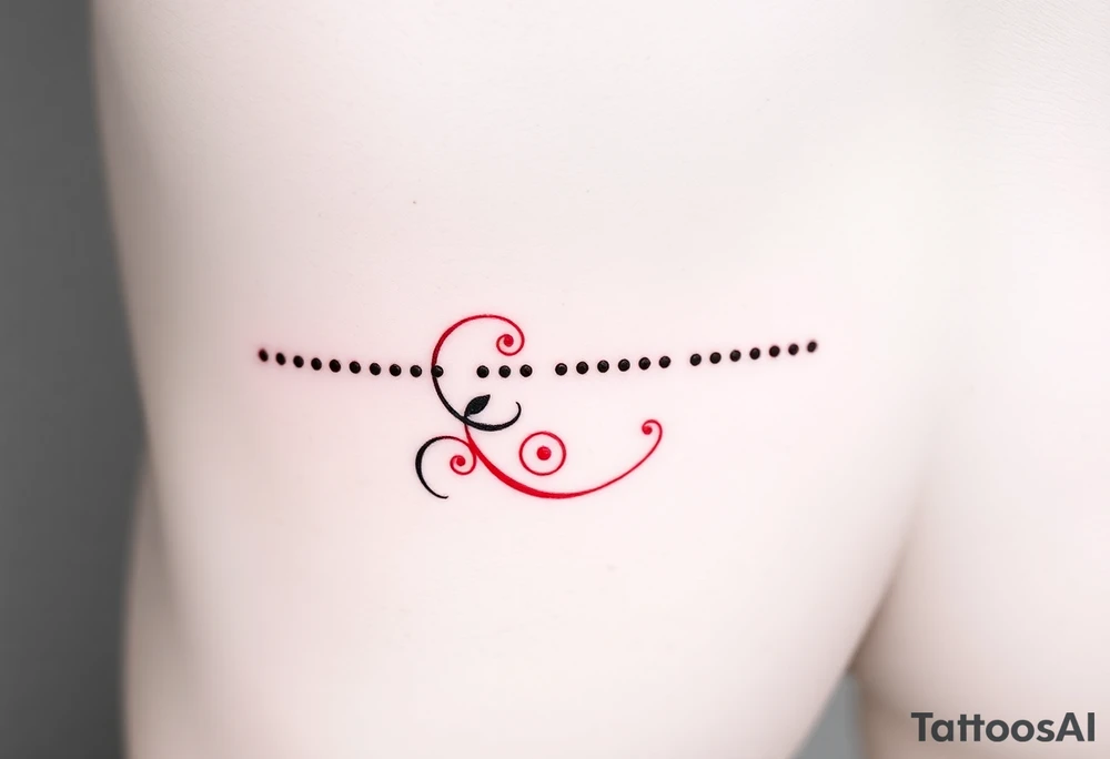 “-... .-. .- . .- .-.. ....... -.. .- .-- --- --- -.. .......” morse code tattoo with dainty girly swirl design in red ink on female hip bone tattoo idea