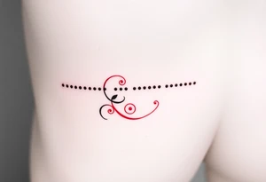 “-... .-. .- . .- .-.. ....... -.. .- .-- --- --- -.. .......” morse code tattoo with dainty girly swirl design in red ink on female hip bone tattoo idea