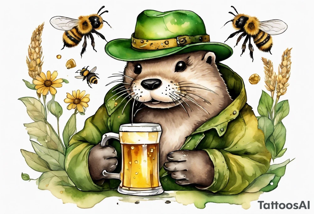 a fat otter wearing green overalls and a tattered straw hat covered in bees, drinking from a tankard of beer tattoo idea