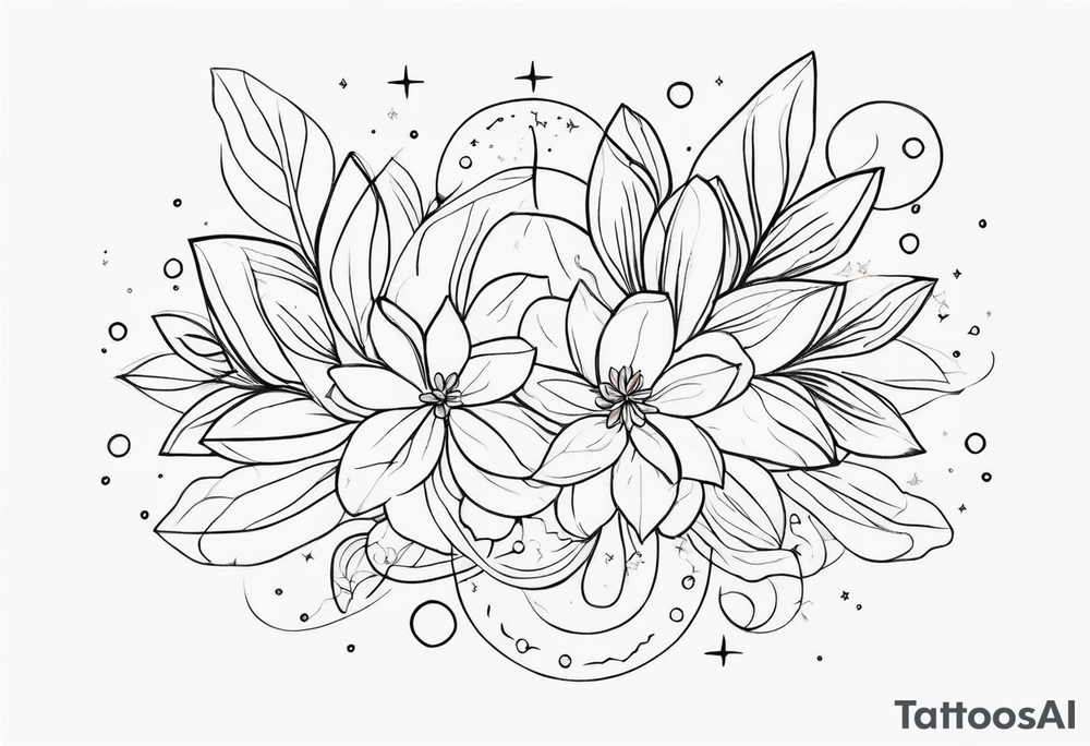 fine line floral with stars, swirls, dots tattoo idea