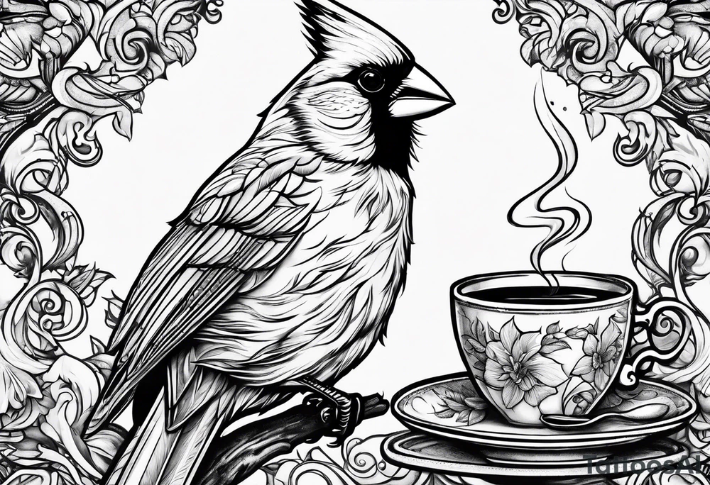 cardinal drinking a cup of coffee tattoo idea