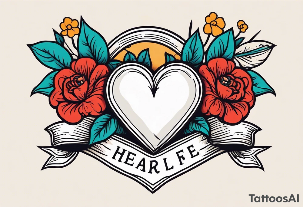 heart traditonal vintage tattoo colorful with flowers and banner tattoo idea