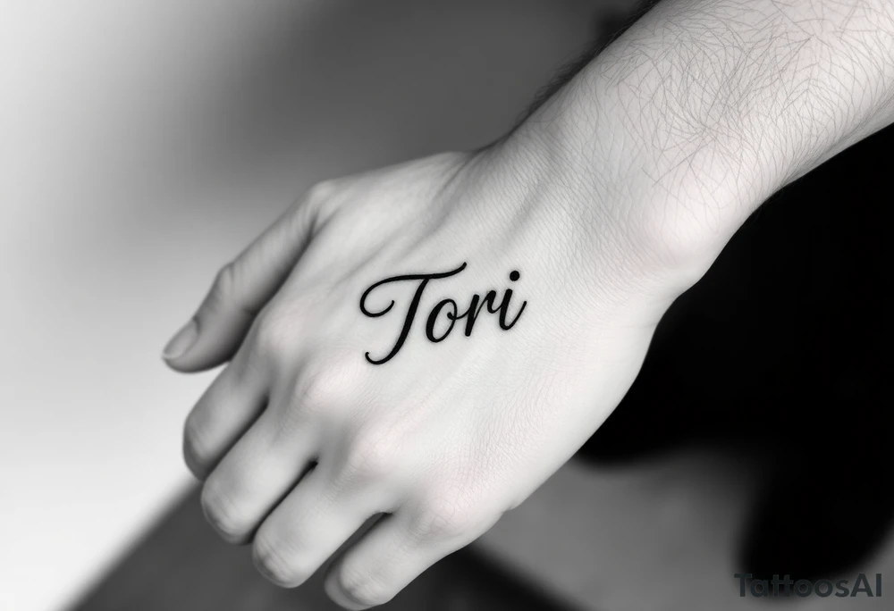 Hand tattoo with the name Tori on a man’s hand tattoo idea