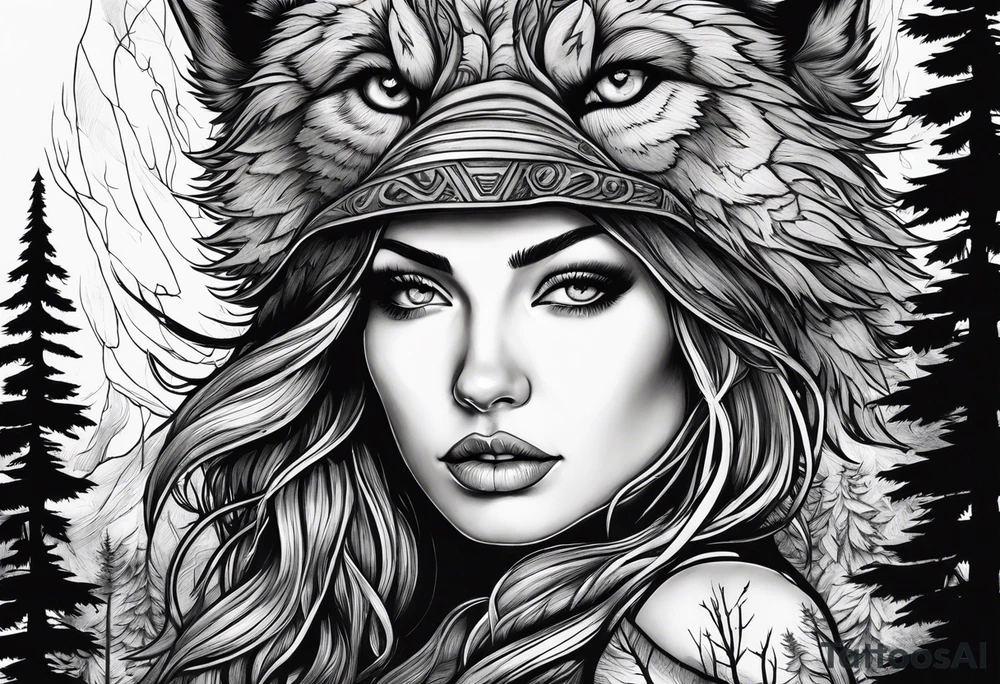 Raging storm with forest, beautiful woman wearing a wolf headdress tattoo idea