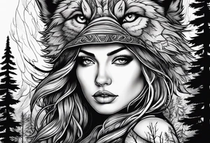 Raging storm with forest, beautiful woman wearing a wolf headdress tattoo idea