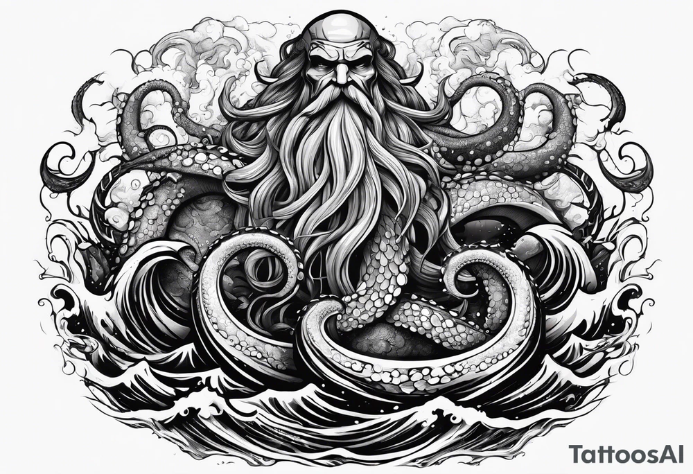 Kraken tentacles grabbing Poseidon thrusting trident into monster deep ocean stormy tattoo idea