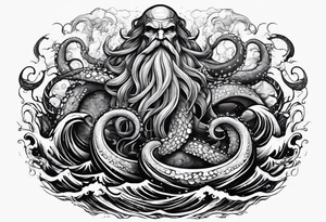 Kraken tentacles grabbing Poseidon thrusting trident into monster deep ocean stormy tattoo idea