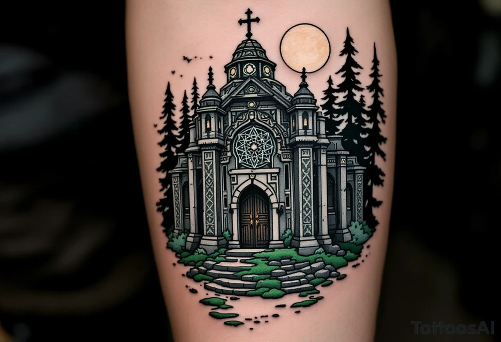 Slavic Pagan Temple – A stone temple with intricate geometric carvings in mossy green and gray tones, nestled in a dark pine forest under a full moon. tattoo idea
