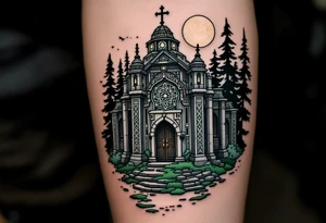 Slavic Pagan Temple – A stone temple with intricate geometric carvings in mossy green and gray tones, nestled in a dark pine forest under a full moon. tattoo idea