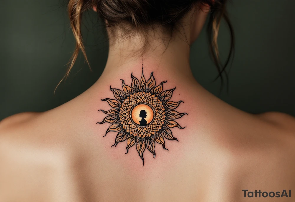 A colorful mandala sun with a mother’s silhouette in the center in deep orange and yellow symbolizes life-giving love. tattoo idea