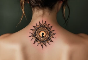 A colorful mandala sun with a mother’s silhouette in the center in deep orange and yellow symbolizes life-giving love. tattoo idea