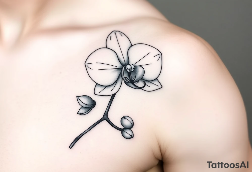 A delicate, black and white fine-line tattoo for make, featuring a gracefully detailed orchid in full bloom (stem and at least 2 flowers), with soft, intricate petals and elegant curves tattoo idea