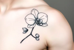 A delicate, black and white fine-line tattoo for make, featuring a gracefully detailed orchid in full bloom (stem and at least 2 flowers), with soft, intricate petals and elegant curves tattoo idea