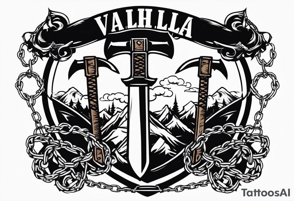 Valhalla sword shield axe barbed wire chains dark cloud tattoo idea
