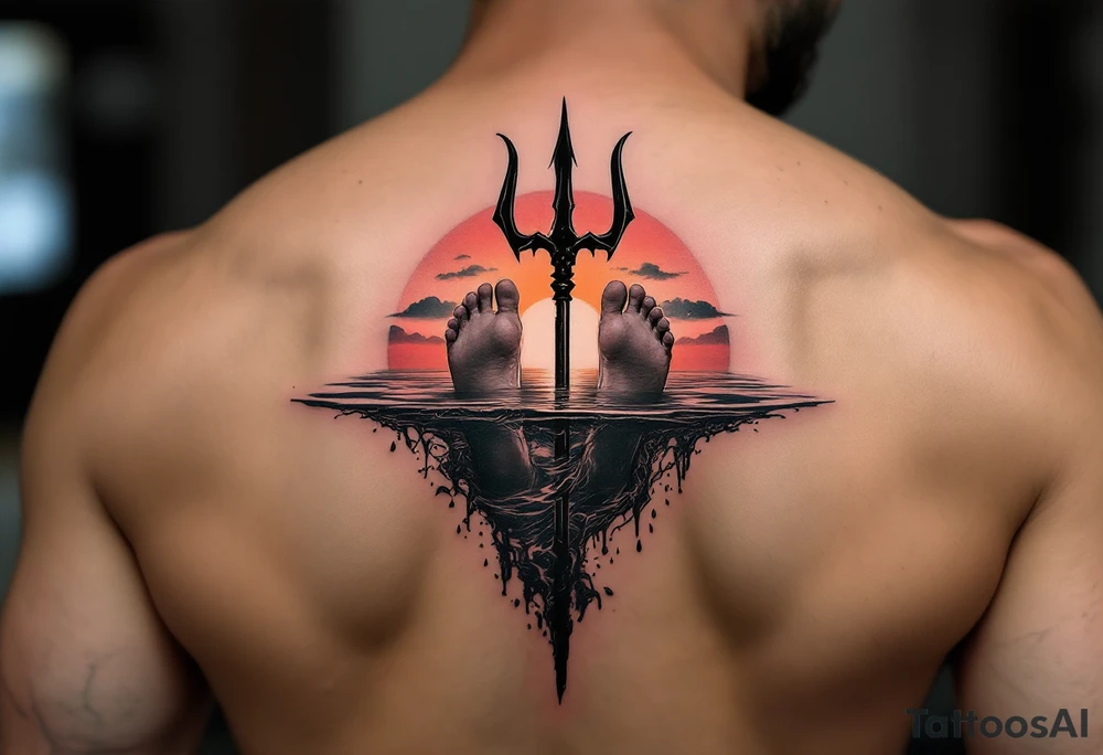 barefeet behind trident half way under water and sunset tattoo idea
