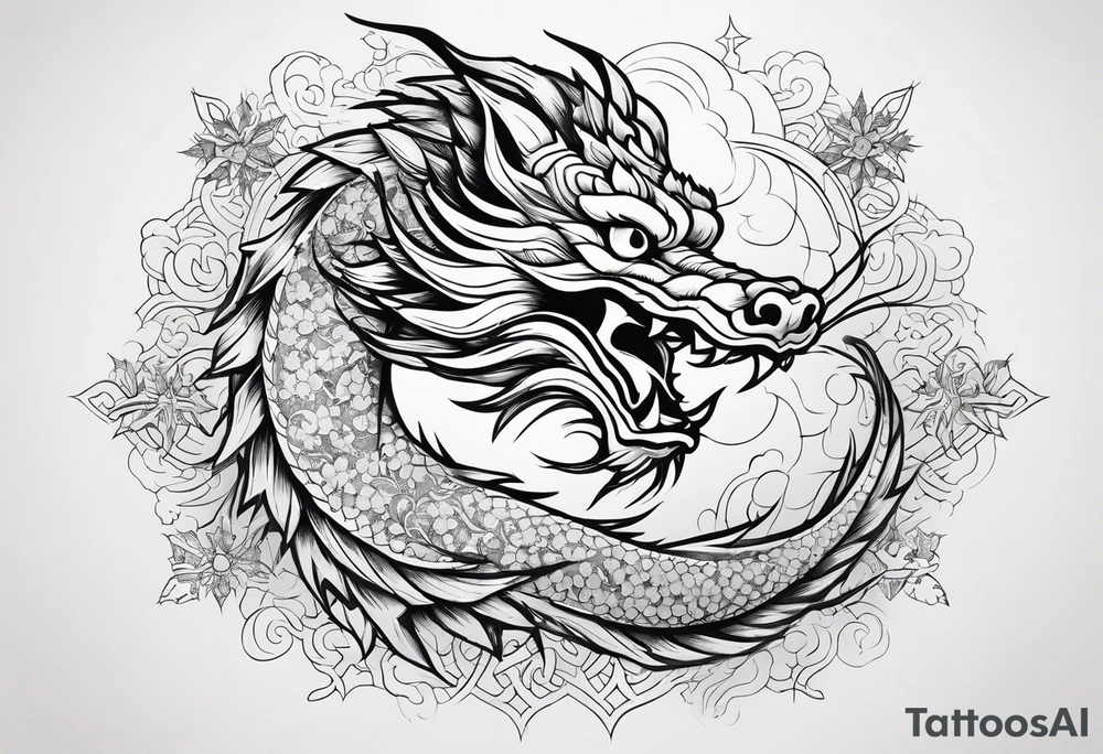 japanese dragon cute , celestial, cross, snowflake tattoo idea