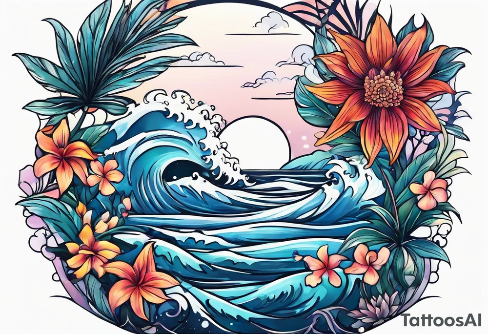 sea,, night, flower, palm, tattoo idea