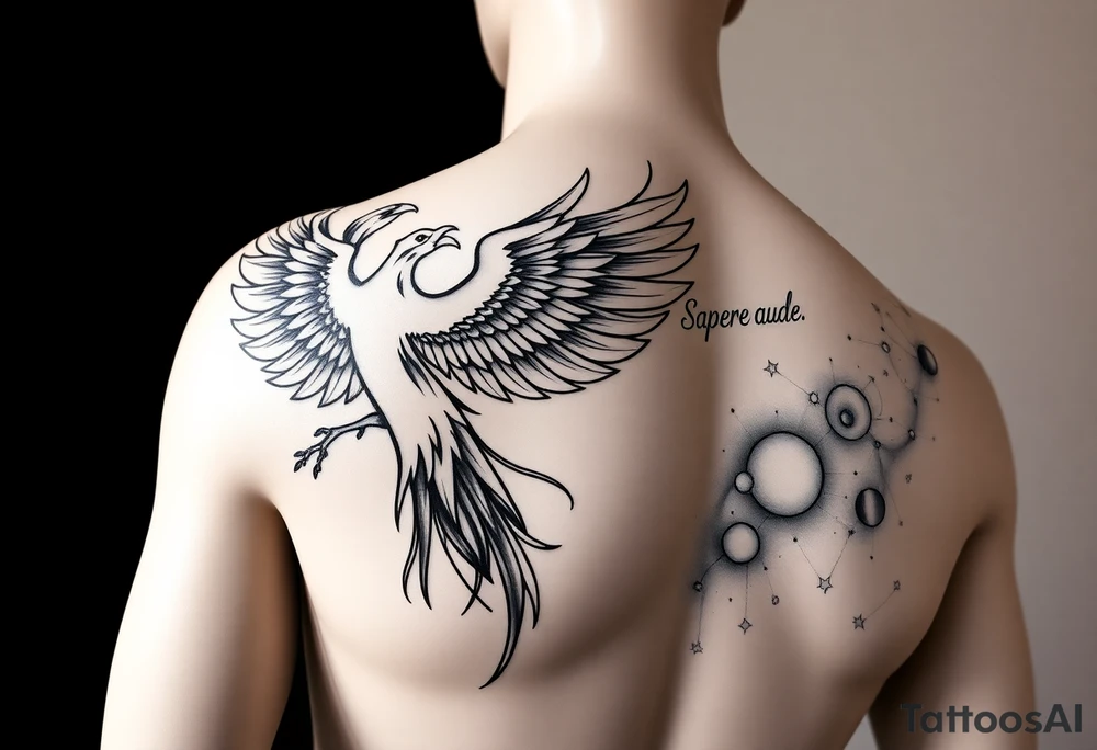 A realistic mannequin or digital human torso shown from the front, with accurate adult male proportions and natural lighting. The mannequin’s right shoulder, chest, and upper arm feature a detailed black and grey tattoo design. The tattoo includes a rising phoenix across the chest, smoke-like flowing elements on the side of the torso, the Latin phrase “Sapere aude” on the upper arm, and a starry night sky with constellations blending into the shoulder and upper arm. The phases of Venus appear subtly integrated into the night sky area on the arm instead of across the chest. The style should be elegant, modern, and realistic—like a professional tattoo concept photo, not an illustration. tattoo idea