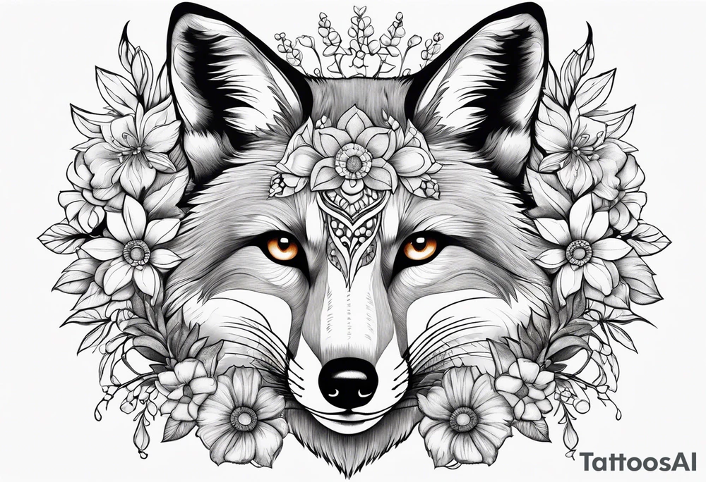 fox, realistic, face, flowers tattoo idea