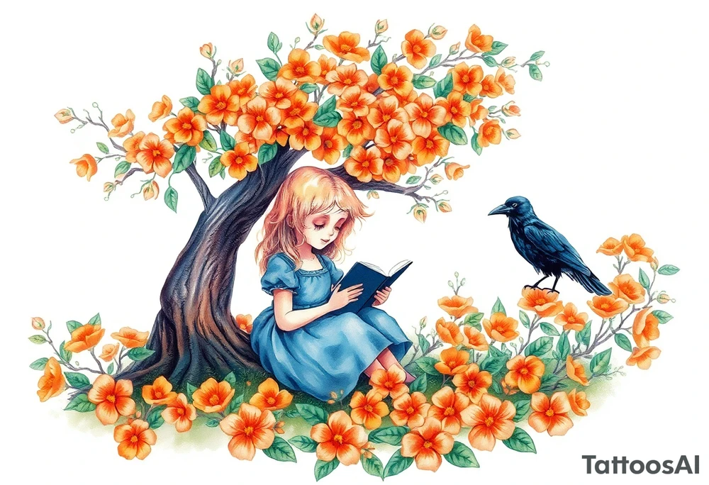 An orange tree full of flowers, a little blond girl wearing a blue dress sitting under it while reading. A raven watching her.


. tattoo idea