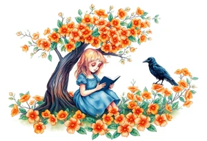 An orange tree full of flowers, a little blond girl wearing a blue dress sitting under it while reading. A raven watching her.


. tattoo idea