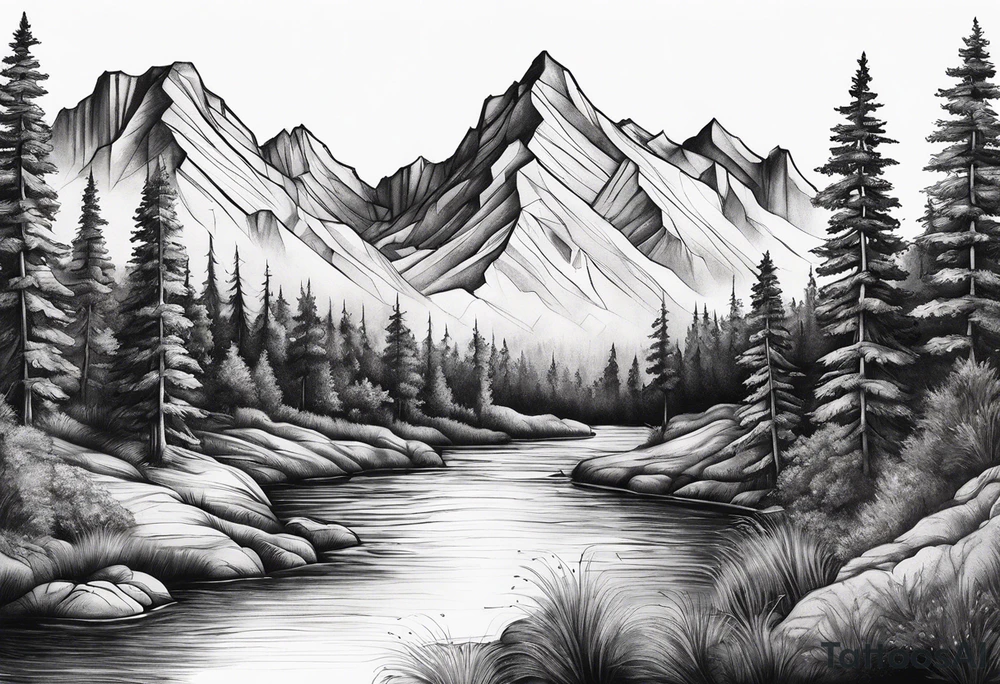 Mountains trees River tattoo idea