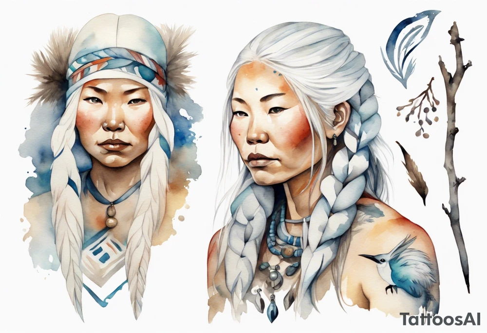 a watercolor of an Inuit woman with long white hair with a white twig in her hand tattoo idea