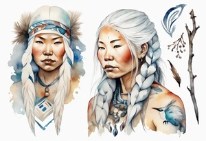 a watercolor of an Inuit woman with long white hair with a white twig in her hand tattoo idea