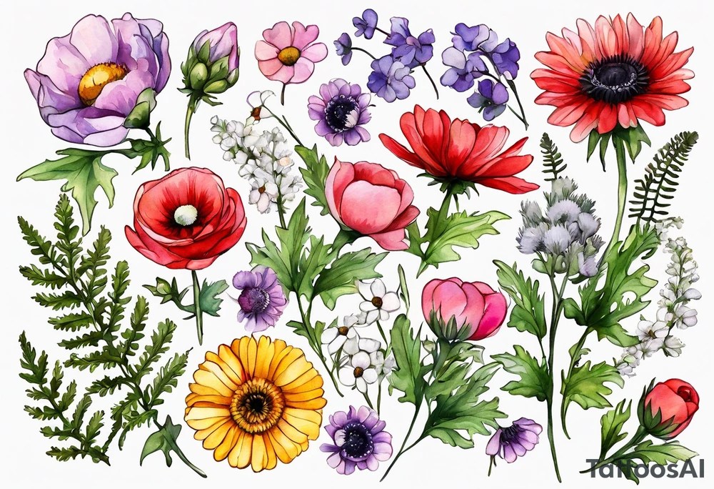 simple wildflowers with thistles, ferns, ranuculus, white anemones, sun flowers, red flowers, pink flowers, purple flowers, buttercups, babys breath, daisies, and greenery all in watercolor tattoo idea