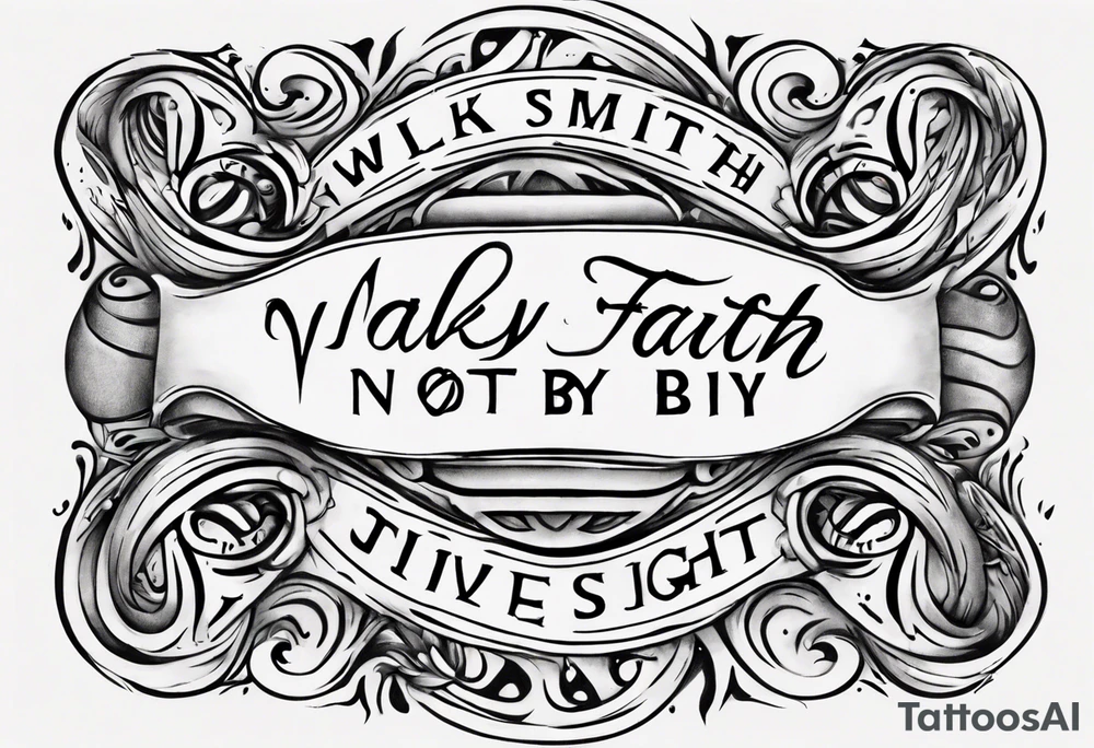 Horizontal inner bicep tattoo. “walk by faith, not by sight” stairwell wrapping around the quote. This design captures the essence of the journey guided by faith. tattoo idea