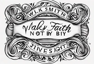 Horizontal inner bicep tattoo. “walk by faith, not by sight” stairwell wrapping around the quote. This design captures the essence of the journey guided by faith. tattoo idea