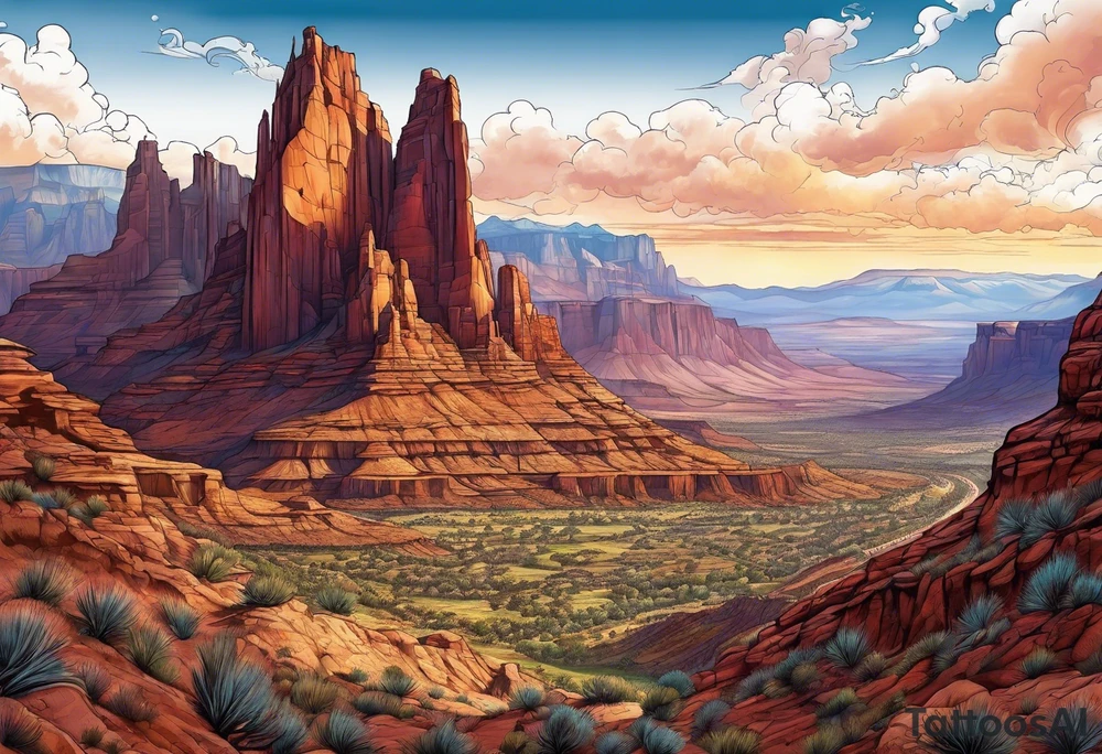 renaissance style Colorado plateau and valley with great vastness tattoo idea