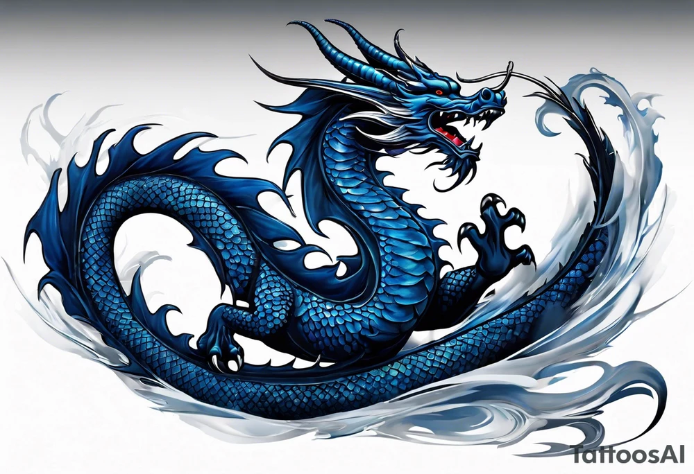 An epic floating asian dragon. Its long body coiling dynamically, with scales and horns detailed to create a sense of movement and strength. The dragon's main color is midnight blue, giving a vibrant depth and a mystical aura. This tattoo highlights the dragon’s fierce expression and sharp claws. tattoo idea