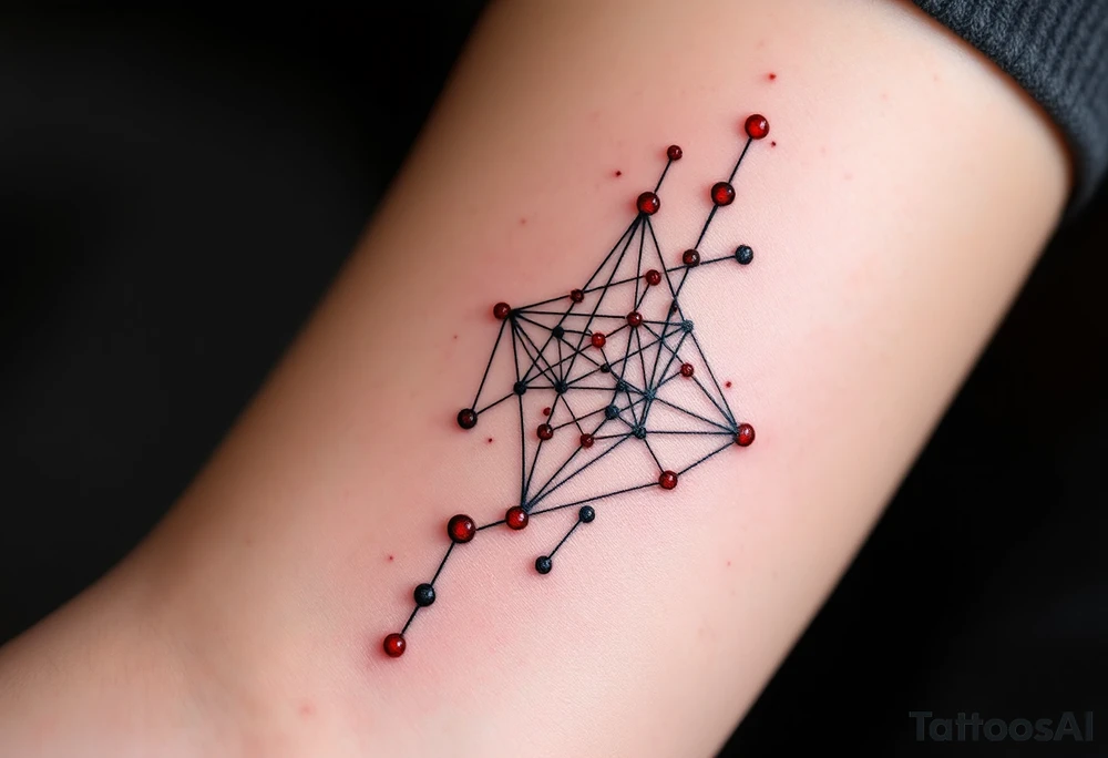 A geometric Capricorn constellation in crisp black ink with vibrant red dots marking each star. tattoo idea