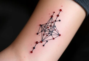 A geometric Capricorn constellation in crisp black ink with vibrant red dots marking each star. tattoo idea